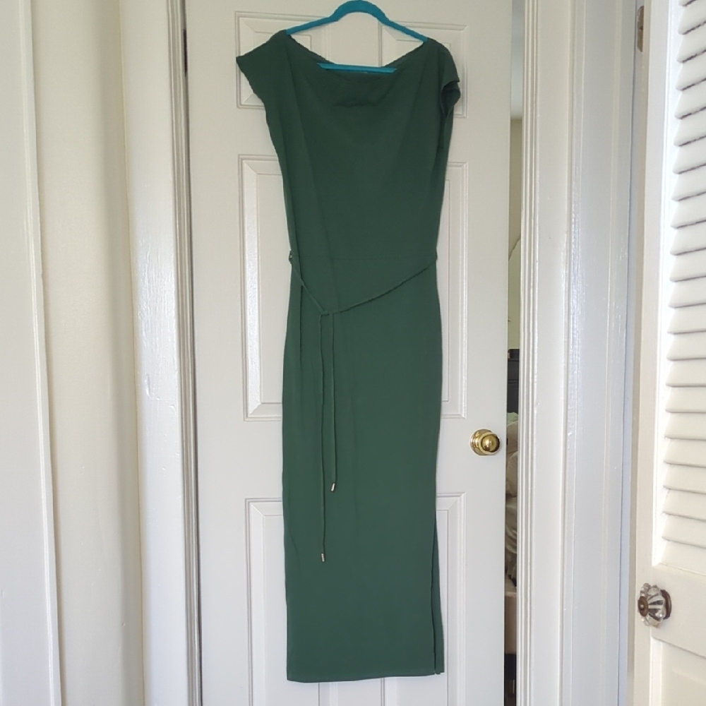 Green Sheath Midi Dress with Cap Sleeves and Bateau Neckline